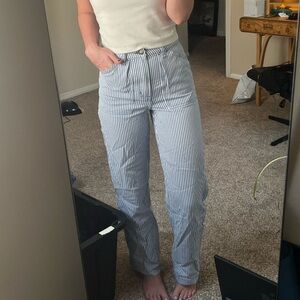 Blue pinstripe carpenter pants